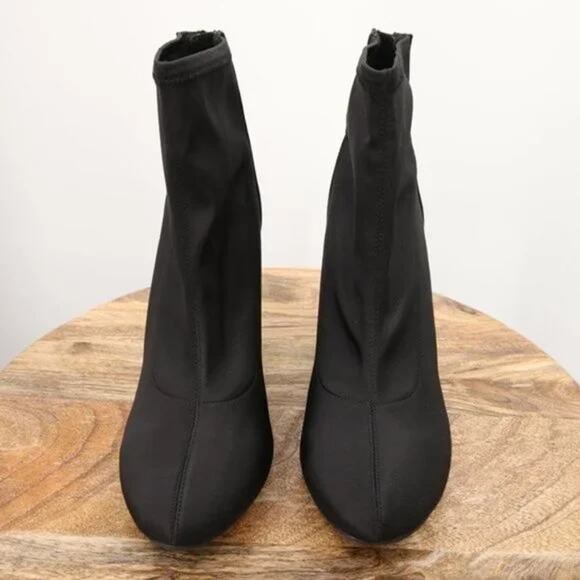 Delicious Boots Black Satin Ankle Booties Chunky Heel Round Toe Sock Stretchy 10 - Picture 5 of 11